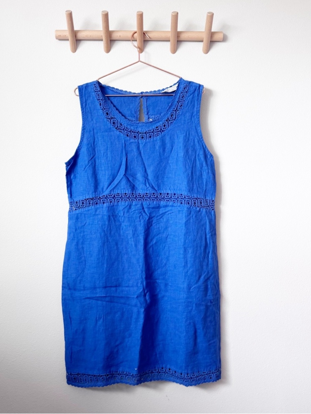 Harris Cotton Blue Linen Sleeveless Linen Dress with Crocheted Lace Trim